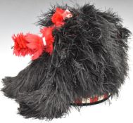 British Army 'Black Watch' feather bonnet with regimental badge and diced band, hackle, leather