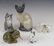 Five Copenhagen animal figures including Siamese cat, puppy and polar bear, tallest 19cm