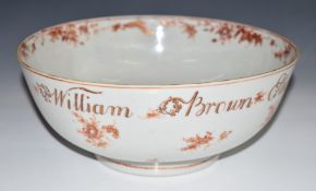 An 18th/19thC porcelain pedestal bowl with 'William Brown, Eleonore Newcastle' to outer rim and