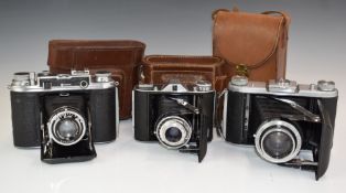 Three Ross Ensign folding cameras comprising Selfix 620 fitted with 75mm f/4.5 lens, Selfix 820