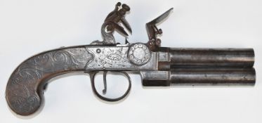 Wiggin of London double barrelled over and under flintlock pocket pistol with named lock, engraved