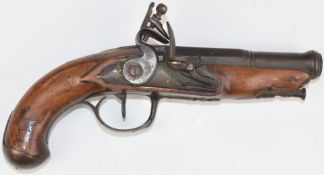Unnamed flintlock coat pistol with silver wire inlaid grip, metal ram-rod and mounts and 4.25 inch