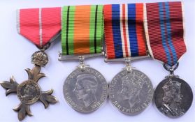 Group of four medals comprising OBE Military Award, Defence Medal, War Medal and EIIR Coronation