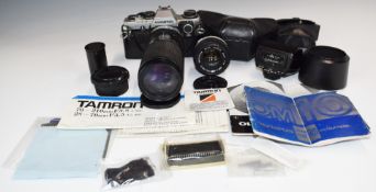 Olympus OM 10 35mm SLR camera with Olympus 50mm 1:1.8 and Tamron 70-21 OM 1:3 8-4 lens