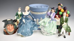 Wedgwood Jasperware pedestal vase with flower frog, Royal Doulton figures including The Old