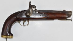 Percussion hammer action pistol with lock stamped '1859 Tower', brass trigger guard, butt cap and