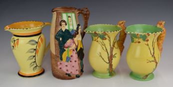 Four Art Deco Burleigh Ware jugs including a pair with squirrel handles and a 'Sally in our Alley'