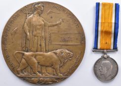 William Barrett memorial plaque / death penny and his War Medal named to 13196 Pte W Barrett, East