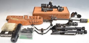 A collection of target rifle parts and accessories including Parker-Hale and similar sights, bi-pod,