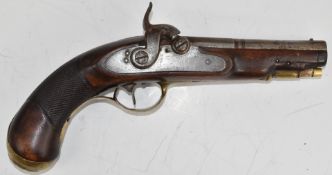 Unnamed percussion converted from flintlock hammer action coat pistol with engraved brass trigger