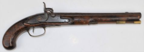 John Gibson percussion converted from flintlock hammer action pistol with named and line engraved