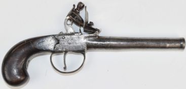 Unnamed flintlock pistol with shaped wooden grips and 4.5 inch smooth bored barrel, overall length