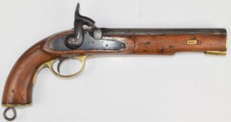 Unnamed percussion hammer action holster pistol with brass trigger guard, butt plate and mounts,