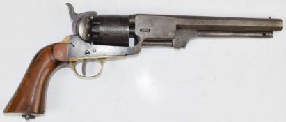 Belgian Colt .36 single-action revolver with engraved cylinder, brass trigger guard and grip