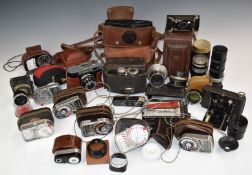 Collectable cameras and accessories including Ensign Cameo folding camera, Purma Special, Cosmic 35,