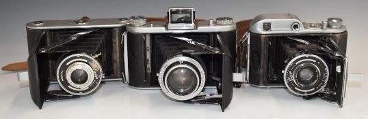 Three Ross Ensign folding cameras comprising 220 Autorange fitted with 75mm f4.5 lens, Ranger II