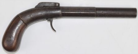 Allen & Thurber type percussion bar hammer action pistol with engraved lock, shaped wooden grips and