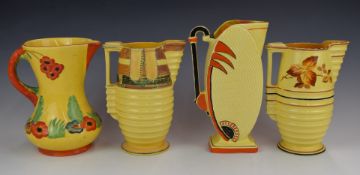 Four Art Deco Burleigh Ware / Wade Heath jugs, one with bird handle and another relief decorated