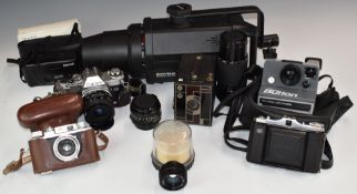 Cameras and accessories to include Canon AL-1 SLR fitted with Tamron 1:2.5 28mm lens, Canon 50mm 1: