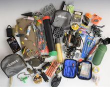Fishing equipment to include rods, reels, accessories including boxed Bitex alarm, binoculars, Forum