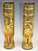 Pair of brass trench art shell cases decorated with Welsh dragons, Ypres and Dixmude, formerly the
