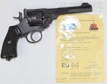 Deactivated Webley & Scott Mark VI .455 six-shot service revolver with chequered grips, belt loop