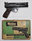 Webley Premier .22 air pistol with named and chequered Bakelite grips, serial number 1776, in
