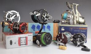 Sea fishing multiplier and fixed spool reels, most boxed including Grice and Young Tatler, Penn