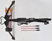 Man Kung crossbow with red dot scope, sling, EK Archery Research bolts and accessories.