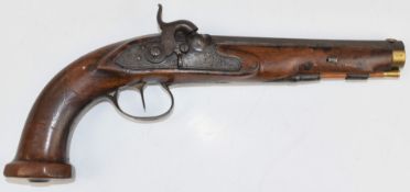 German percussion hammer action holster pistol with lock safety, engraved lock, hammer, trigger