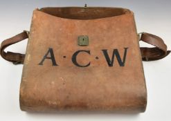 Large leather case, possibly a shell holder, ACW to front with lock and strap, 52 x 45cm