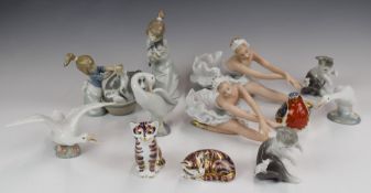 Lladro, Nao and Royal Crown Derby figures and paperweights, tallest 17cm