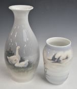 Two Royal Copenhagen vases no 2466/2585 with geese family and no 1440/108 geese in flight, tallest