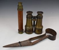 Pair of horse racing or similar binoculars, two draw telescope and a pair of sheep shears