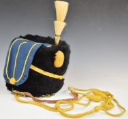 British Army 3rd Hussars other ranks fur busby, blue bag with yellow piping, white horse hair plume,