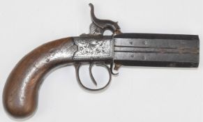 Unnamed percussion hammer action double barrelled over and under pocket pistol with engraved lock,