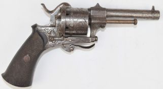 Unnamed 9mm six-shot double action pinfire revolver with engraved frame and cylinder, chequered