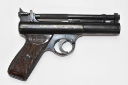 Webley Senior .22 air pistol with named and chequered Bakelite grips and adjustable sights, serial