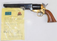 Deactivated Italian six shot single-action revolver with wooden grips, brass frame and 7.5 inch