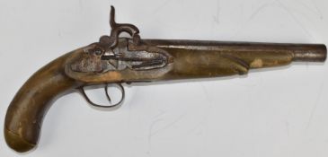 Continental percussion hammer action pistol with engraved miquelet lock and hammer, brass butt plate