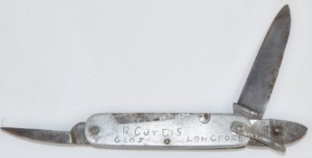 WW1 '1914 Duralumin War Knife' inscribed R Curtis, Longford, Gloucester. PLEASE NOTE ALL BLADED