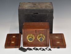 19thC mahogany stereoscopic camera with twin Ross of London lenses numbered 5439 and 10567, with two