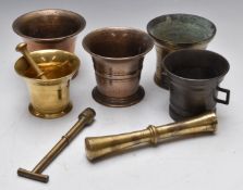 Five 18th/19thC bronze/brass mortars and two pestles, height of largest 10cm