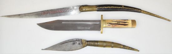 J Howell & Son bowie knife with brass crosspiece and 25cm single edged blade, together with two
