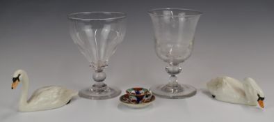 Two Georgian glass rummers, miniature cup and saucer and two Beswick swans, tallest 12cm