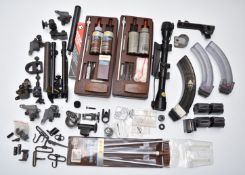 A collection of various rifle and gun parts and accessories including Nikko Stirling Tiara 4x28