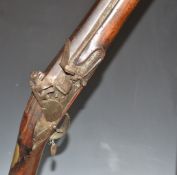 English late 17th/ early 18thC flintlock rifle with dog safety, brass engraved trigger guard,