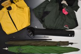French 'Cap Coz' waterproof coat and trousers, two fishing umbrellas, Sunridge all in one fishing