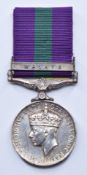 British Army General Service Medal medal with clasp for Malaya, named to 22438537 Trooper W