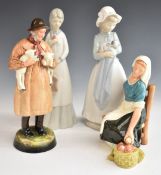 Four porcelain figures including Royal Doulton 'Lambing Time', 'The Apple Maid', and Nao, tallest